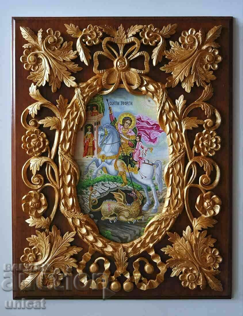 Icoana „Sfântul Gheorghe ucide balaurul”, pictură icoană, sculptură în lemn