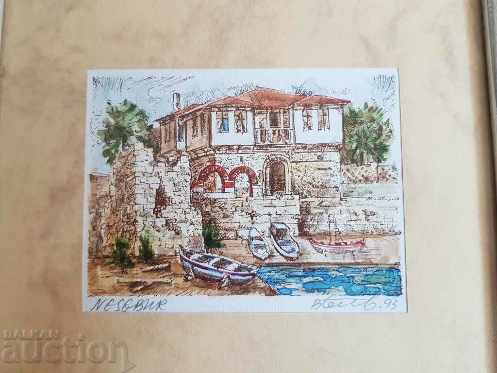 Vasil Banov Renaissance House Nessebar 1993 graphic with watercolors with price 25.00 BGN | € 12.78 Vasil Banov Renaissance House Nessebar 1993 graphic with watercolors with price 25.00 BGN | € 12.78