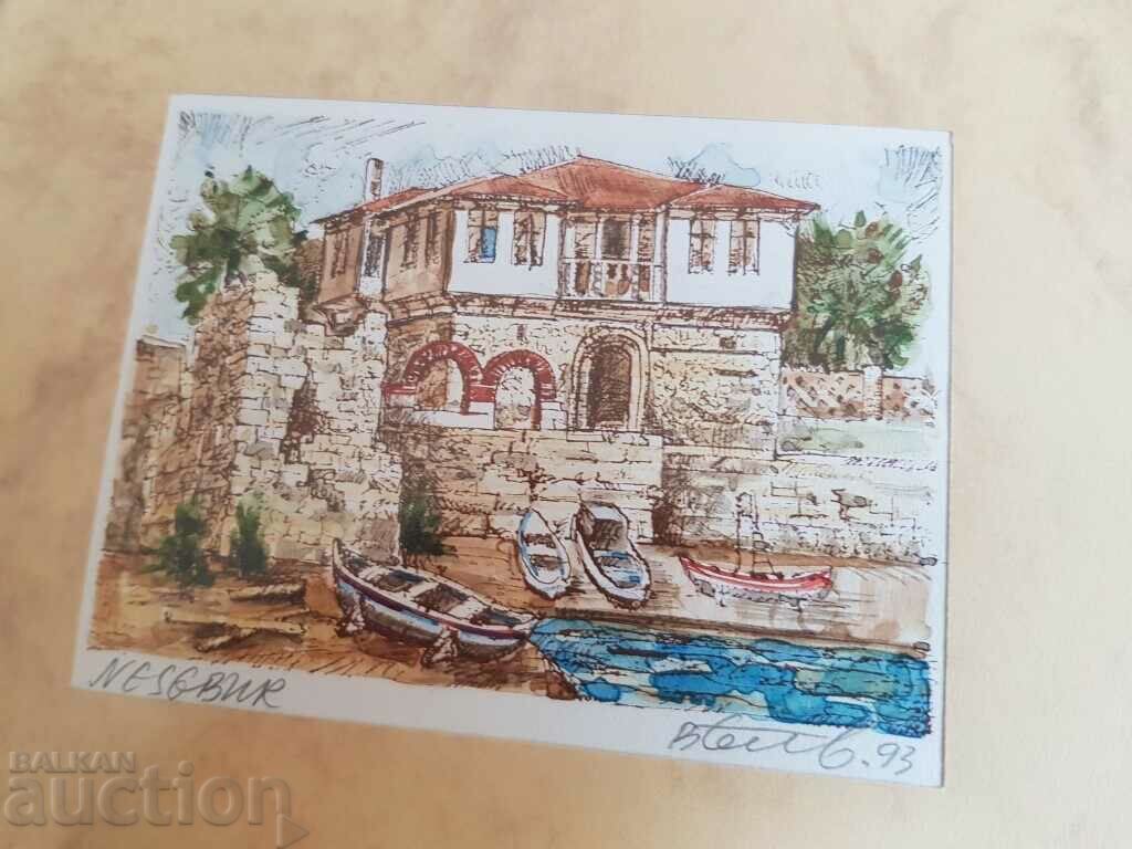 Auction Vasil Banov Renaissance House Nessebar 1993 graphic with watercolors Auction Vasil Banov Renaissance House Nessebar 1993 graphic with watercolors