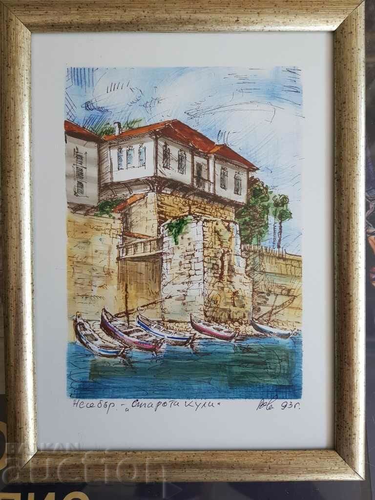 Vasil Banov Nessebar The Old Tower 1993 watercolor graphic with price 25.00 BGN | € 12.78