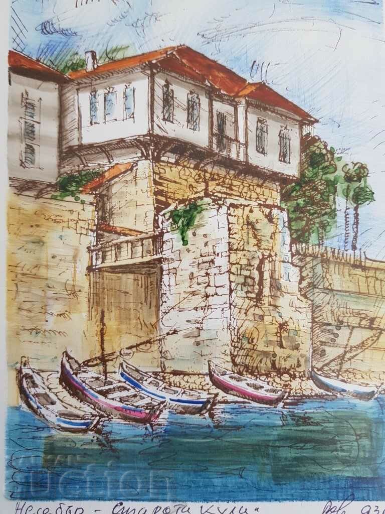Livrarea Vasil Banov Nessebar The Old Tower 1993 acuarelă grafică