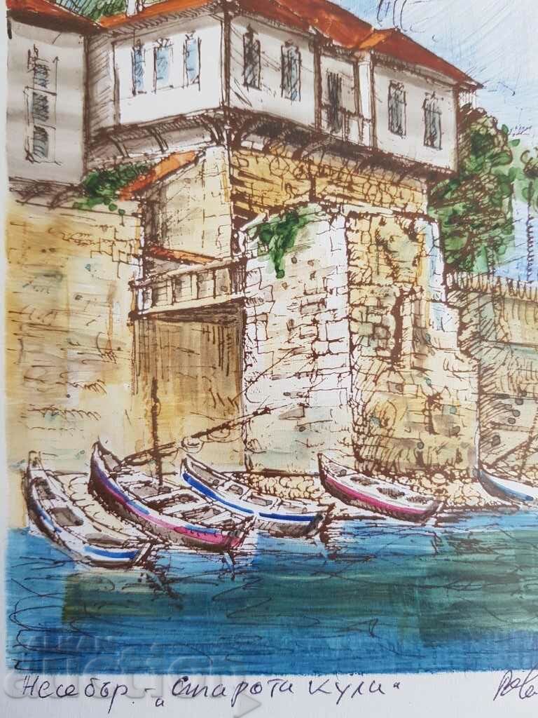 Vasil Banov Nessebar The Old Tower 1993 acuarelă grafică - 5