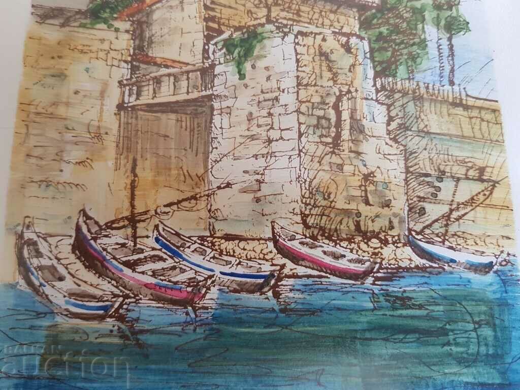 Vasil Banov Nessebar The Old Tower 1993 acuarelă grafică - 7