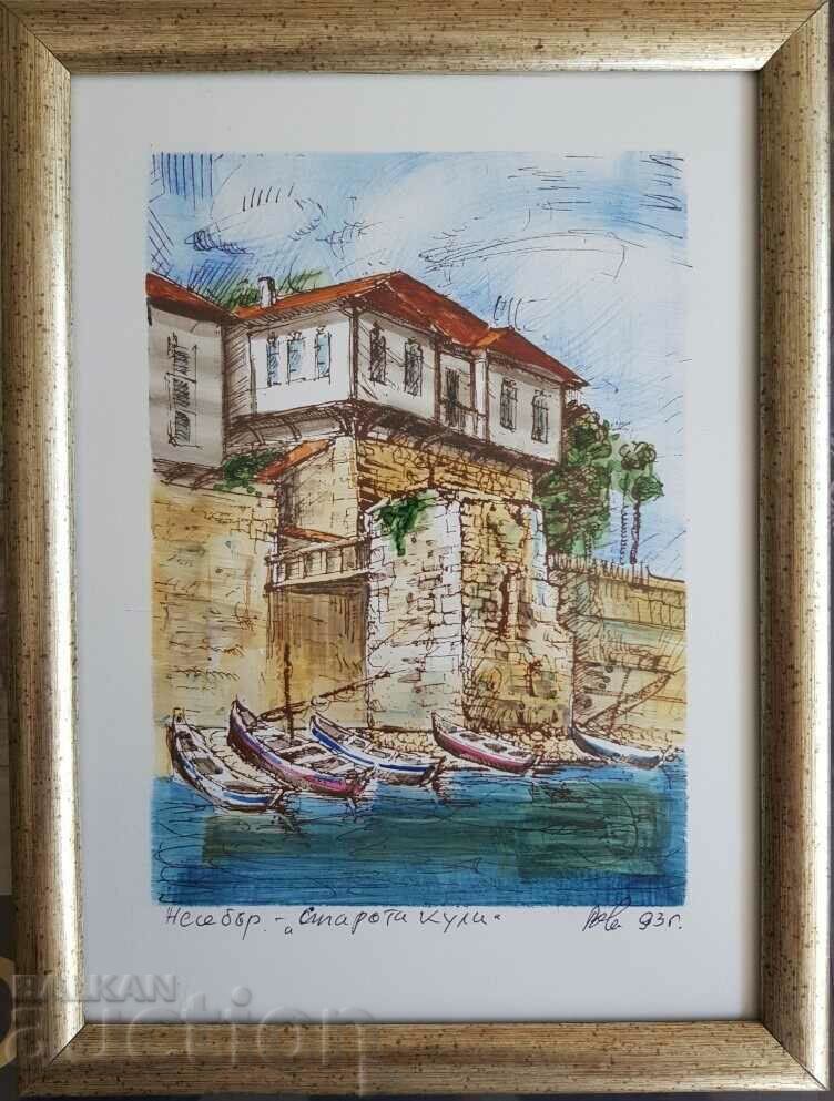 Vasil Banov Nessebar The Old Tower 1993 acuarelă grafică
