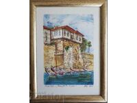 Vasil Banov Nessebar The Old Tower 1993 watercolor graphic