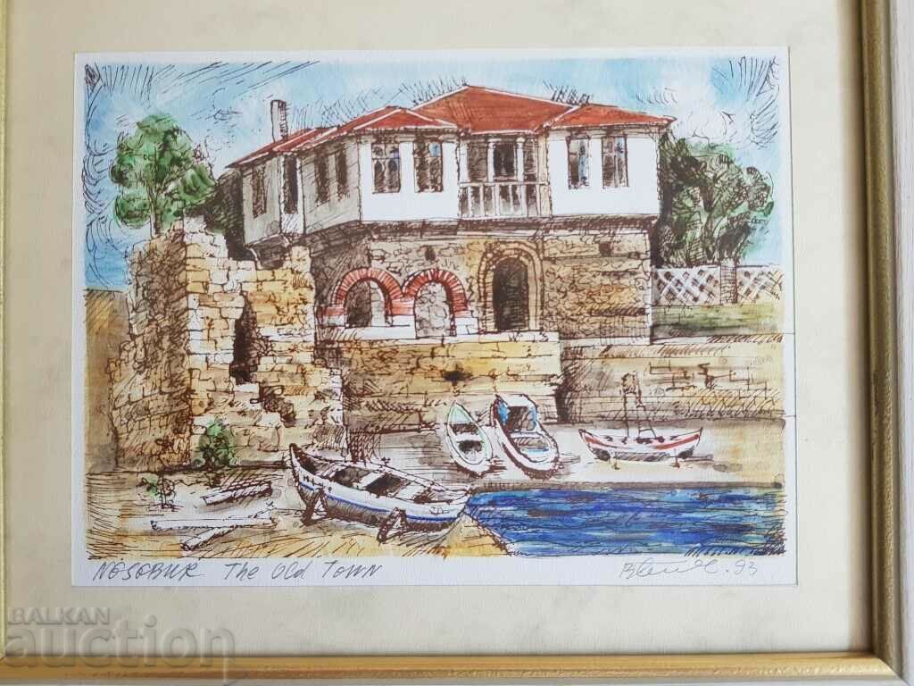 Vasil Banov Nessebar Old Town 1993 watercolor graphic with price 30.00 BGN | € 15.34 Vasil Banov Nessebar Old Town 1993 watercolor graphic with price 30.00 BGN | € 15.34