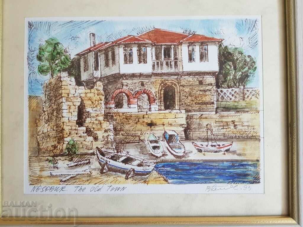 Vasil Banov Nessebar Old Town 1993 watercolor graphic with price € 15.00 | 29.34 BGN