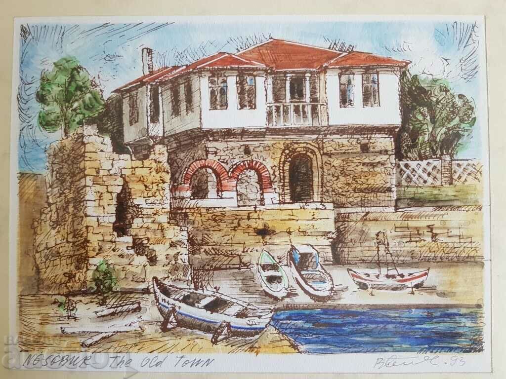 Auction Vasil Banov Nessebar Old Town 1993 watercolor graphic Auction Vasil Banov Nessebar Old Town 1993 watercolor graphic