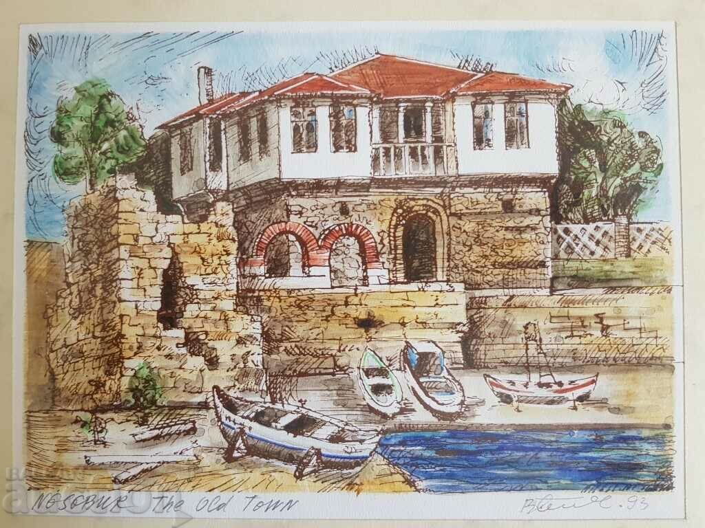 Auction  Vasil Banov Nessebar Old Town 1993 watercolor graphic