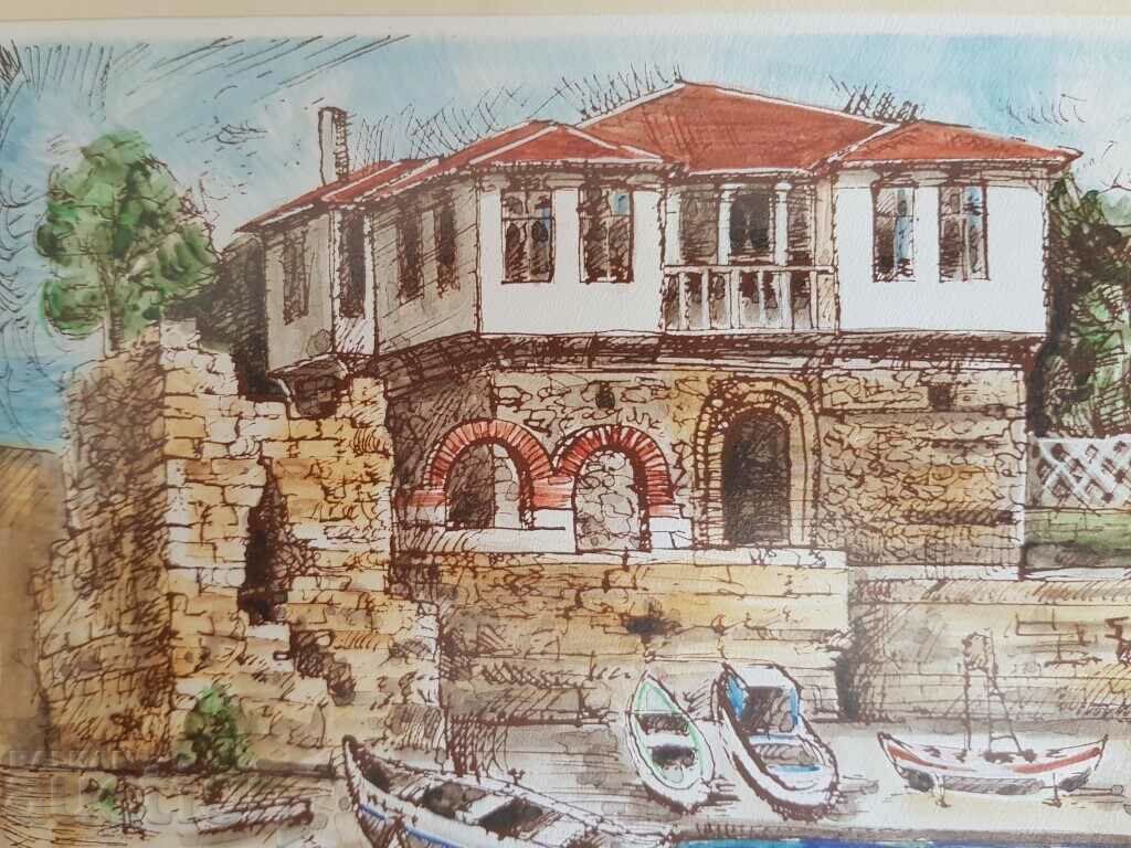 Delivery of Vasil Banov Nessebar Old Town 1993 watercolor graphic