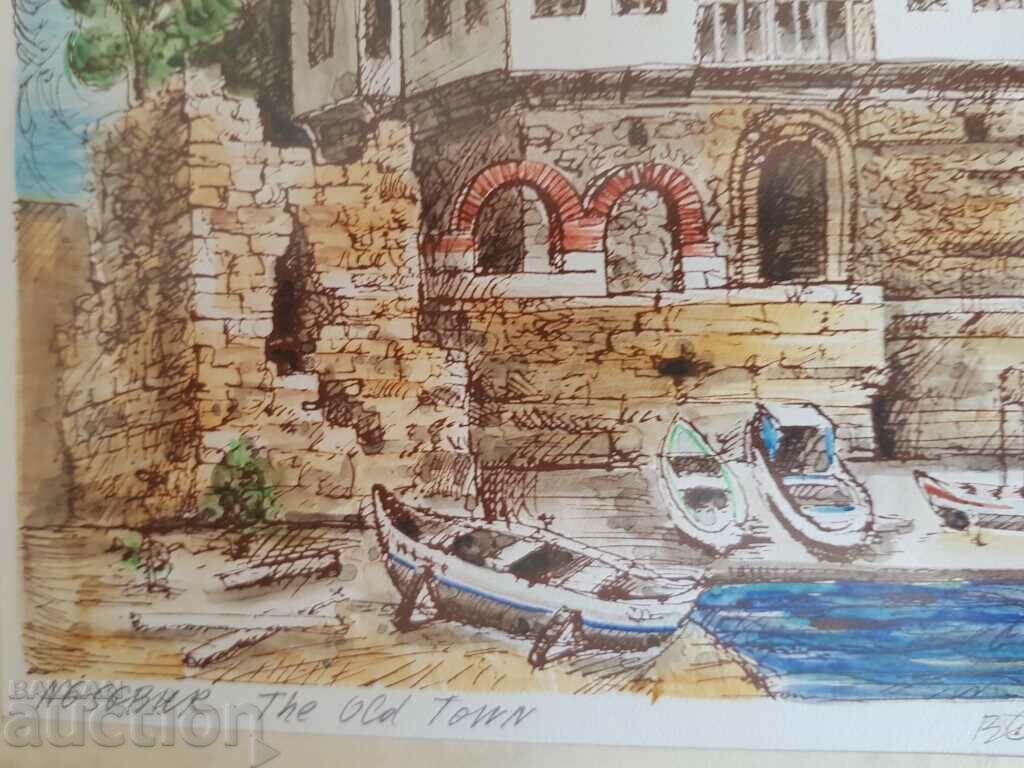 Vasil Banov Nessebar Old Town 1993 watercolor graphic - 5