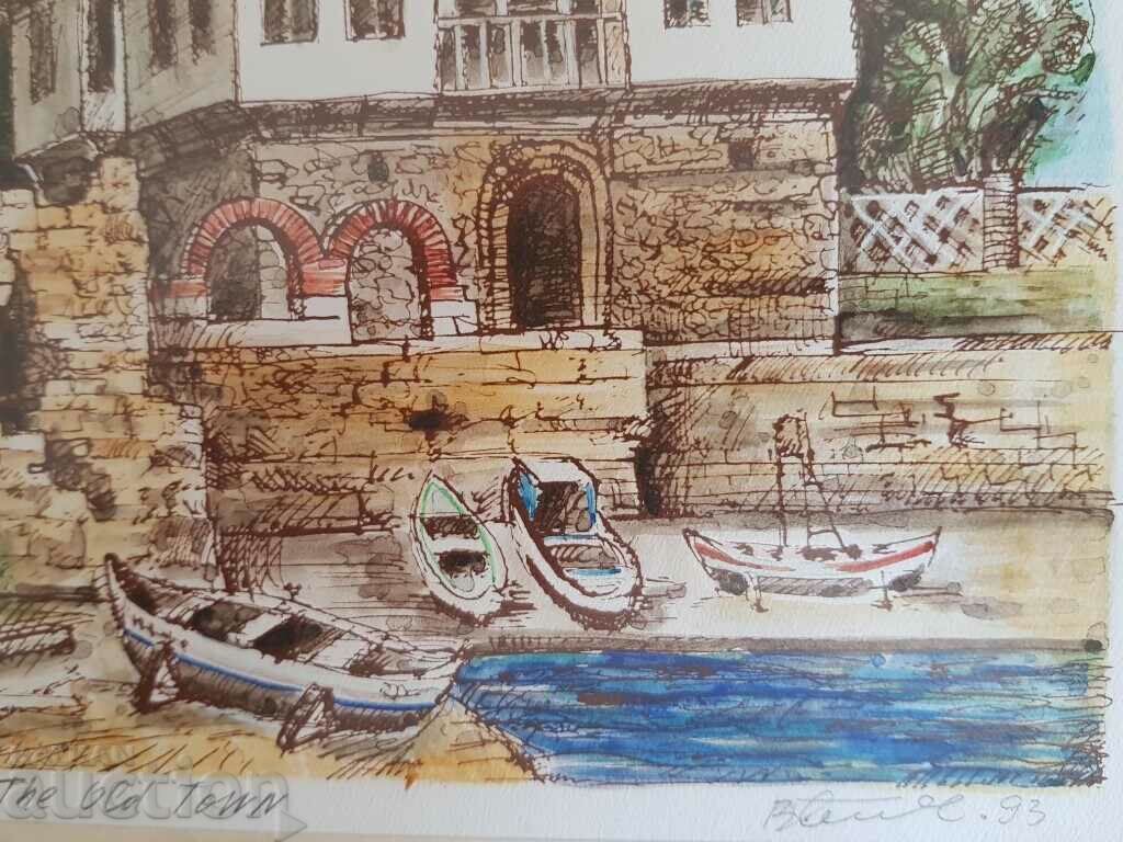 Vasil Banov Nessebar Old Town 1993 watercolor graphic - 6
