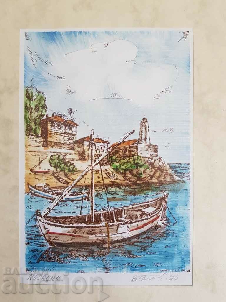 Васил Банов Несебър Старият Фар 1993г графика с акварел с цена € 15.00 | 29.34 лв. Васил Банов Несебър Старият Фар 1993г графика с акварел с цена € 15.00 | 29.34 лв.