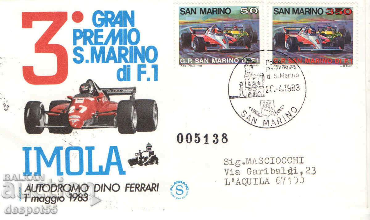 1983. Сан Марино. Формула 1. Плик "Първи ден". Номериран.