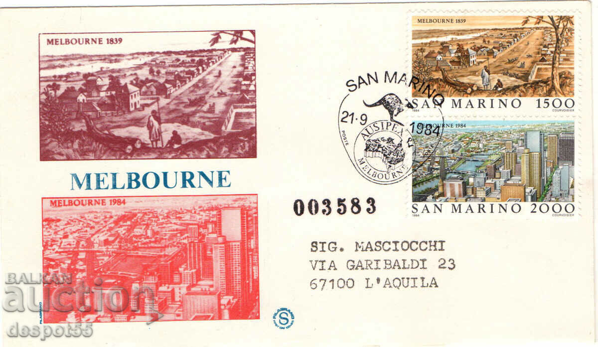 1984. San Marino. Melbourne. "First Day" envelope. Numbered.