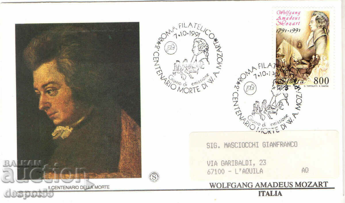 1991. Italia. Wolfgang Amadeus Mozart. Plic „Prima zi”.