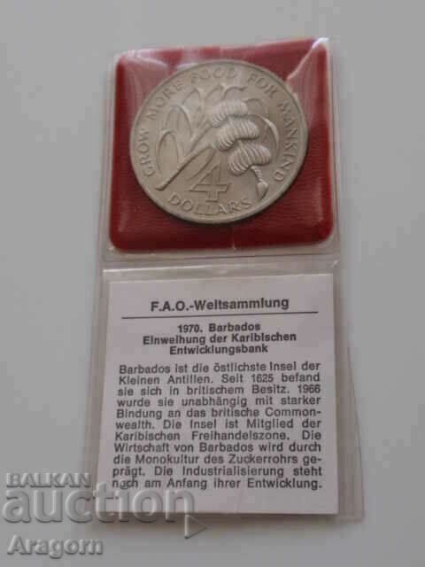 monedă rară Barbados 4 dolari 1970 - FAO; Barbados