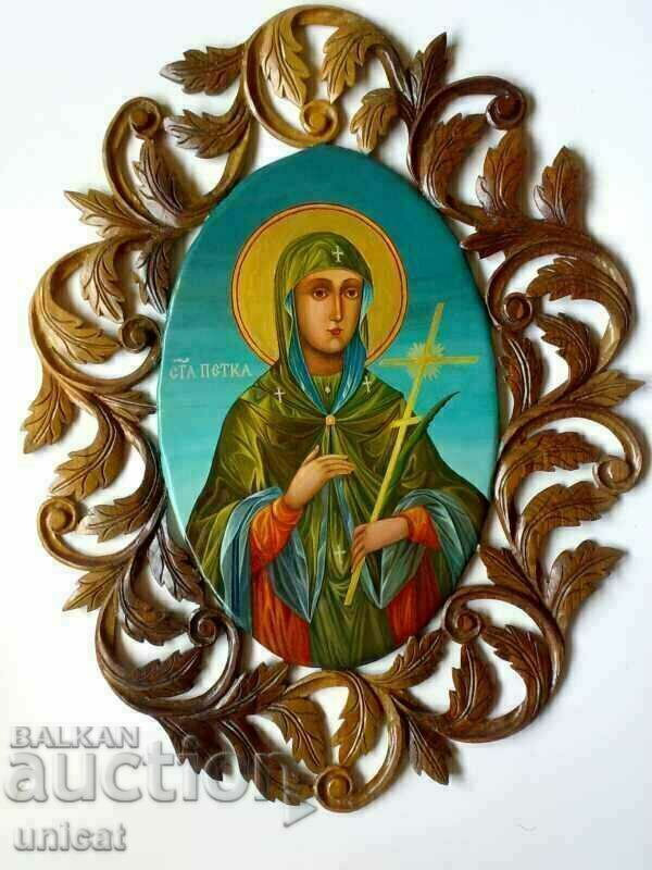 "Saint Petka" icon, tempera icon painting, walnut wood carving