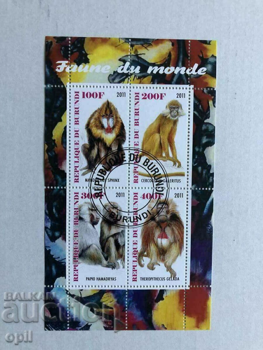 Stamped Block Fauna Monkeys 2011 Burundi