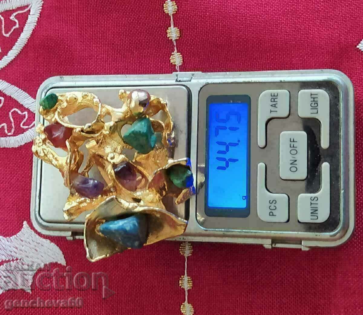 Broșă de epocă în tonuri aurii cu pietre prețioase - 6