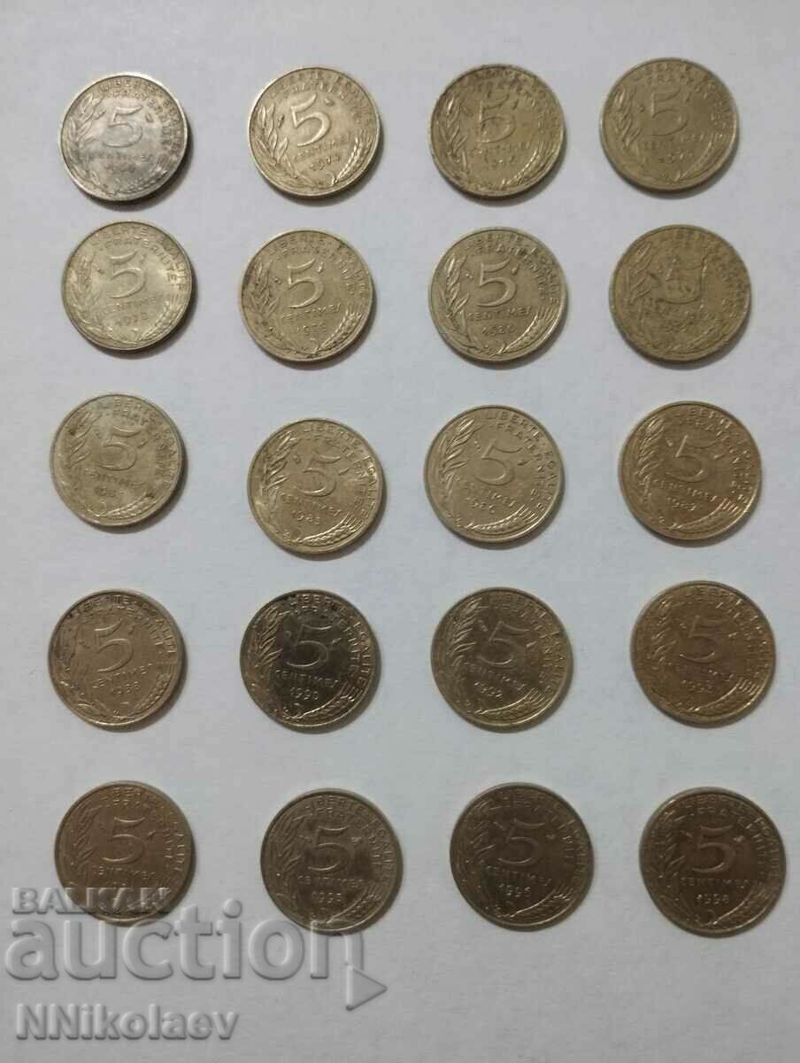 Лот монети Франция 20 бр. различни по 5 сантима
