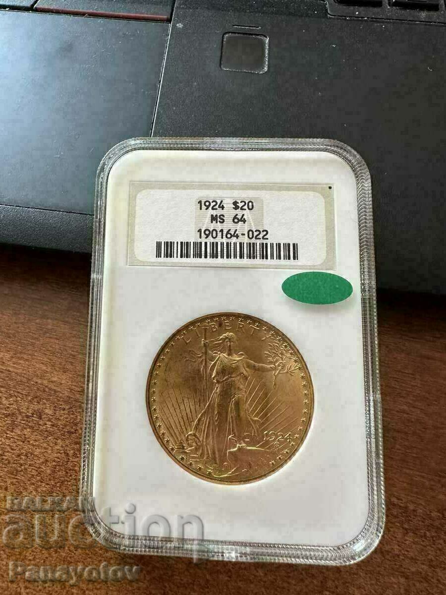 20 DOLLARS 1924 USA GOLD COIN MS 64 NGC PCGS - 7 20 DOLLARS 1924 USA GOLD COIN MS 64 NGC PCGS - 7