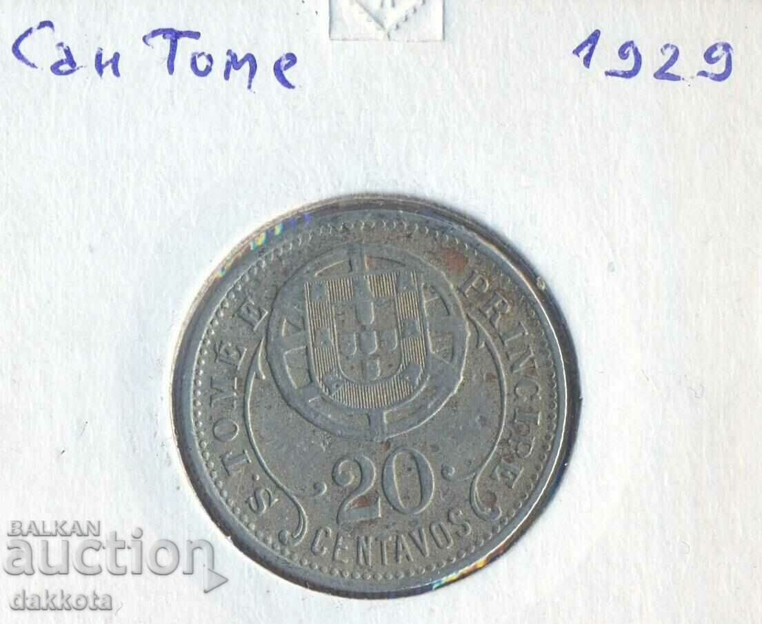 San Tome și Principe 20 santavos 1929, circulație 250 mii.