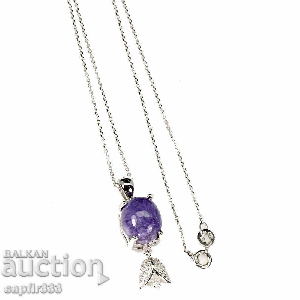 BEAUTIFUL SILVER NECKLACE WITH NATURAL CHAROITE AND ZIRCONIA