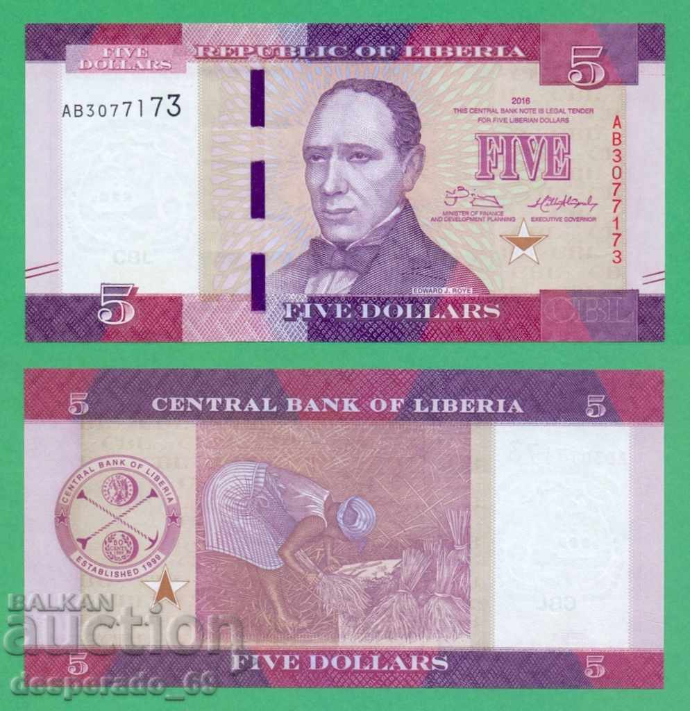 (¯`'•.¸   ЛИБЕРИЯ  5 долара 2016  UNC   ¸.•'´¯)
