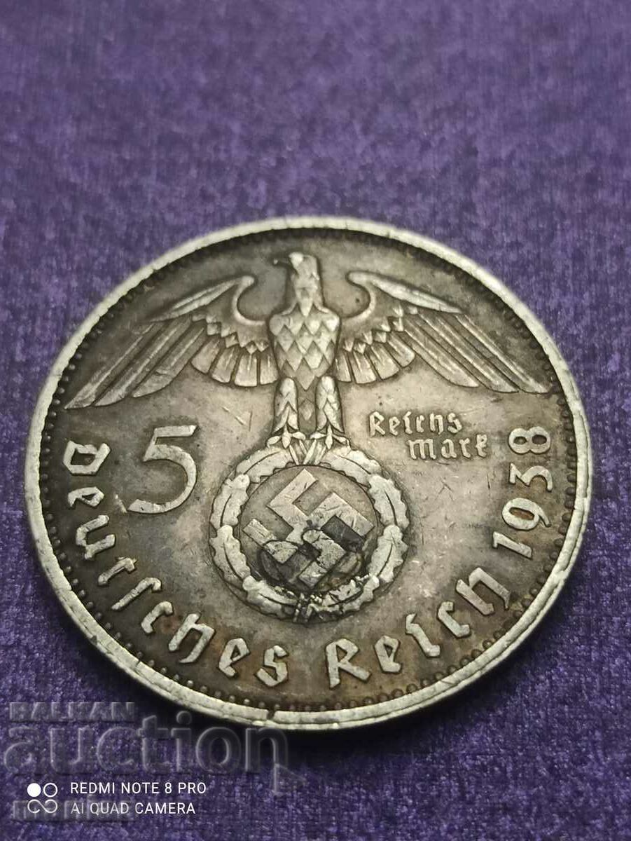 5 Марки 1938 година сребро проба 900 Трети Райх