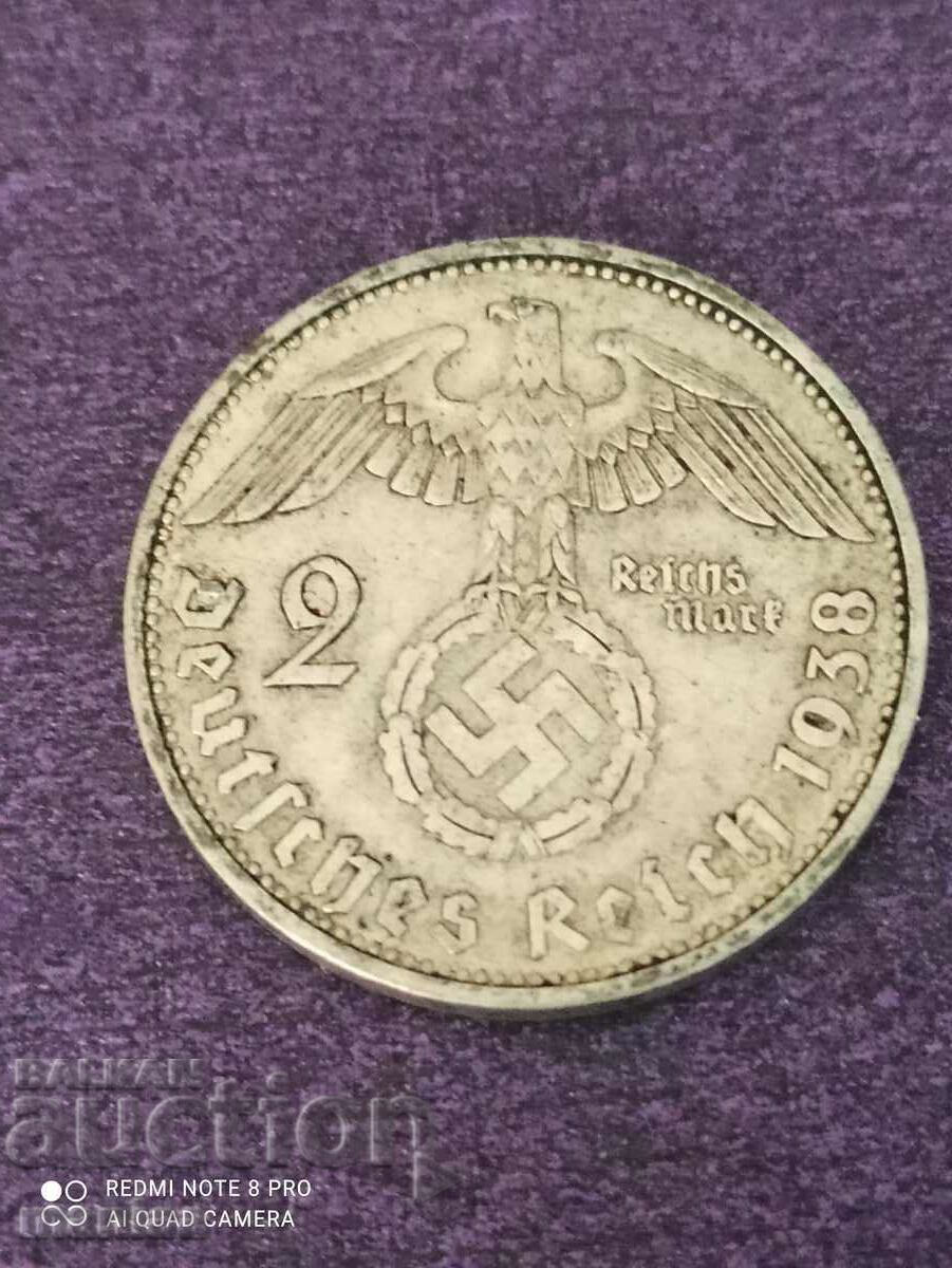 2 mărci 1938 ani argint al treilea Reich