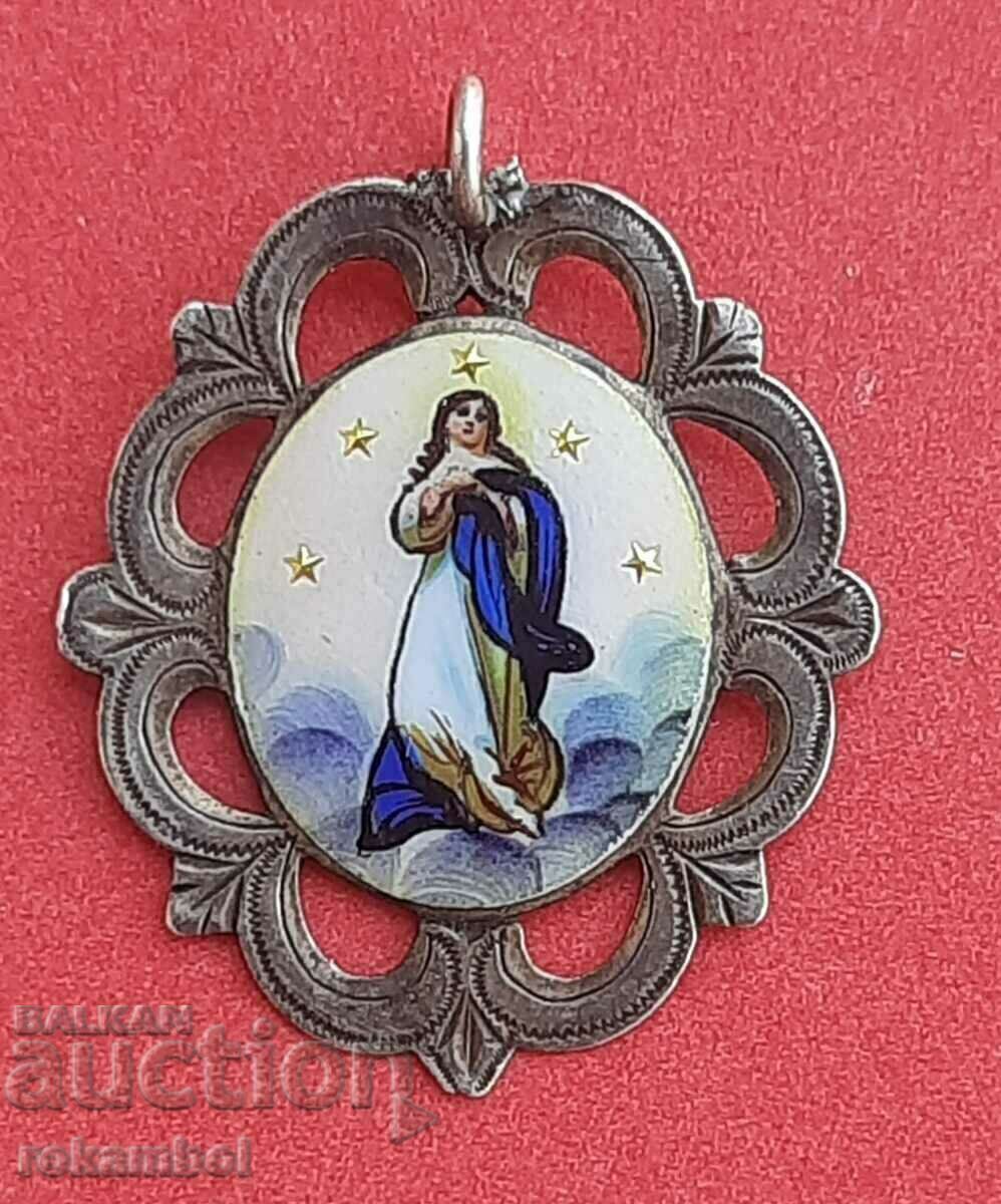 Antique medallion with the Virgin Mary in enamel and silver, 1930s. - 5 Antique medallion with the Virgin Mary in enamel and silver, 1930s. - 5