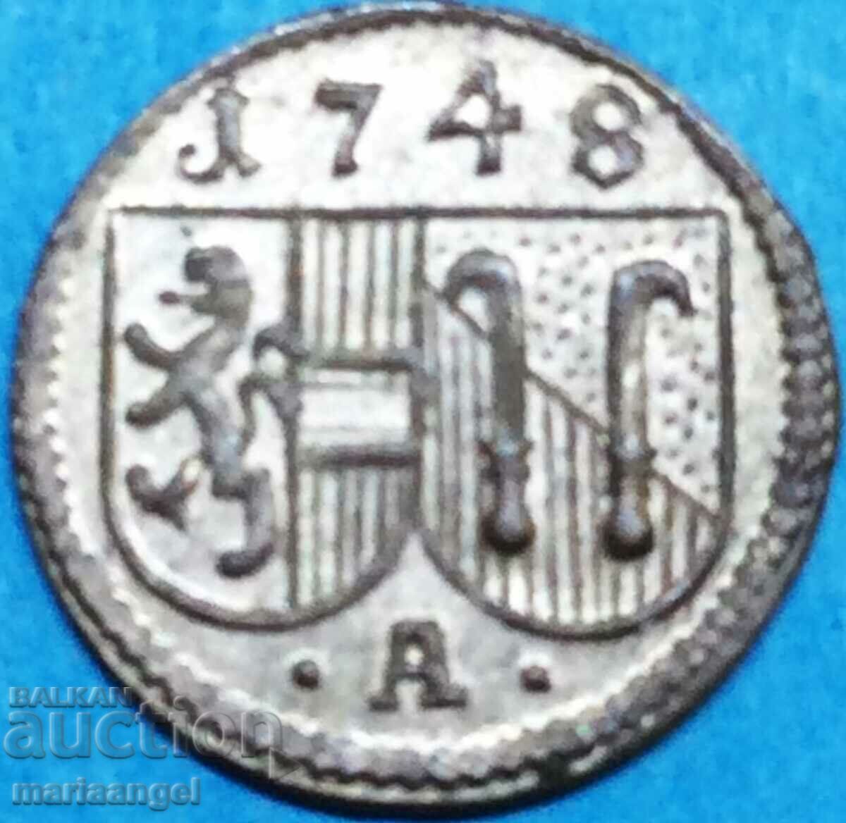 1 пфениг 1748 Австрия Залцбург 1-странен Андреас Якоб сребро