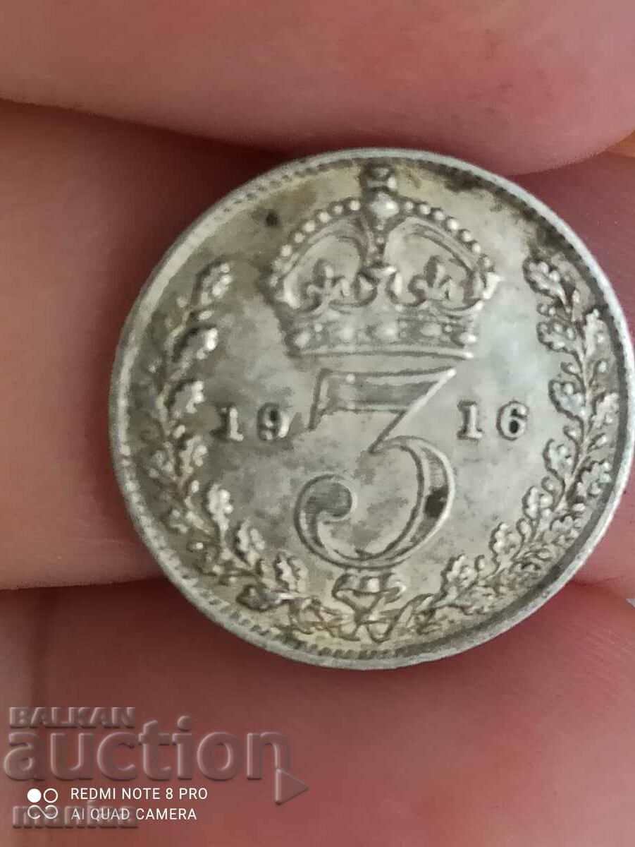 3 пенса 1916 година сребро Великобритания