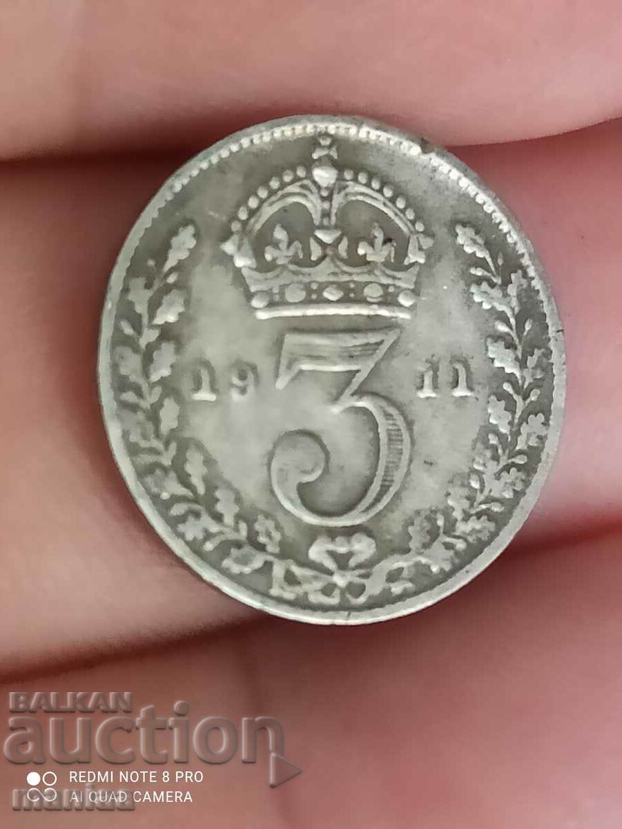 3 пенса 1911година сребро Великобритания