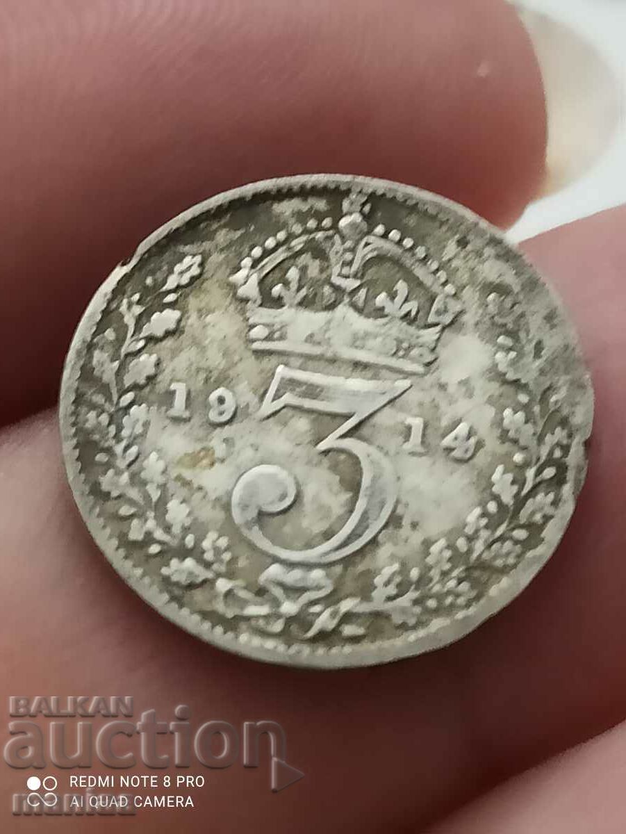 3 пенса 1914одина сребро Великобритания