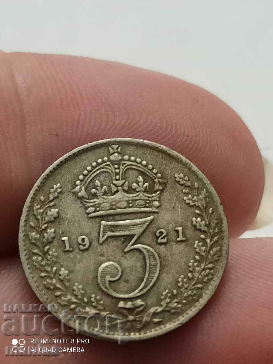 3 пенса 1921година сребро Великобритания