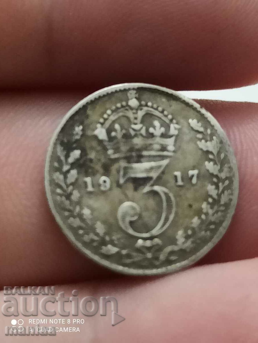 3 пенса 1917година сребро Великобритания