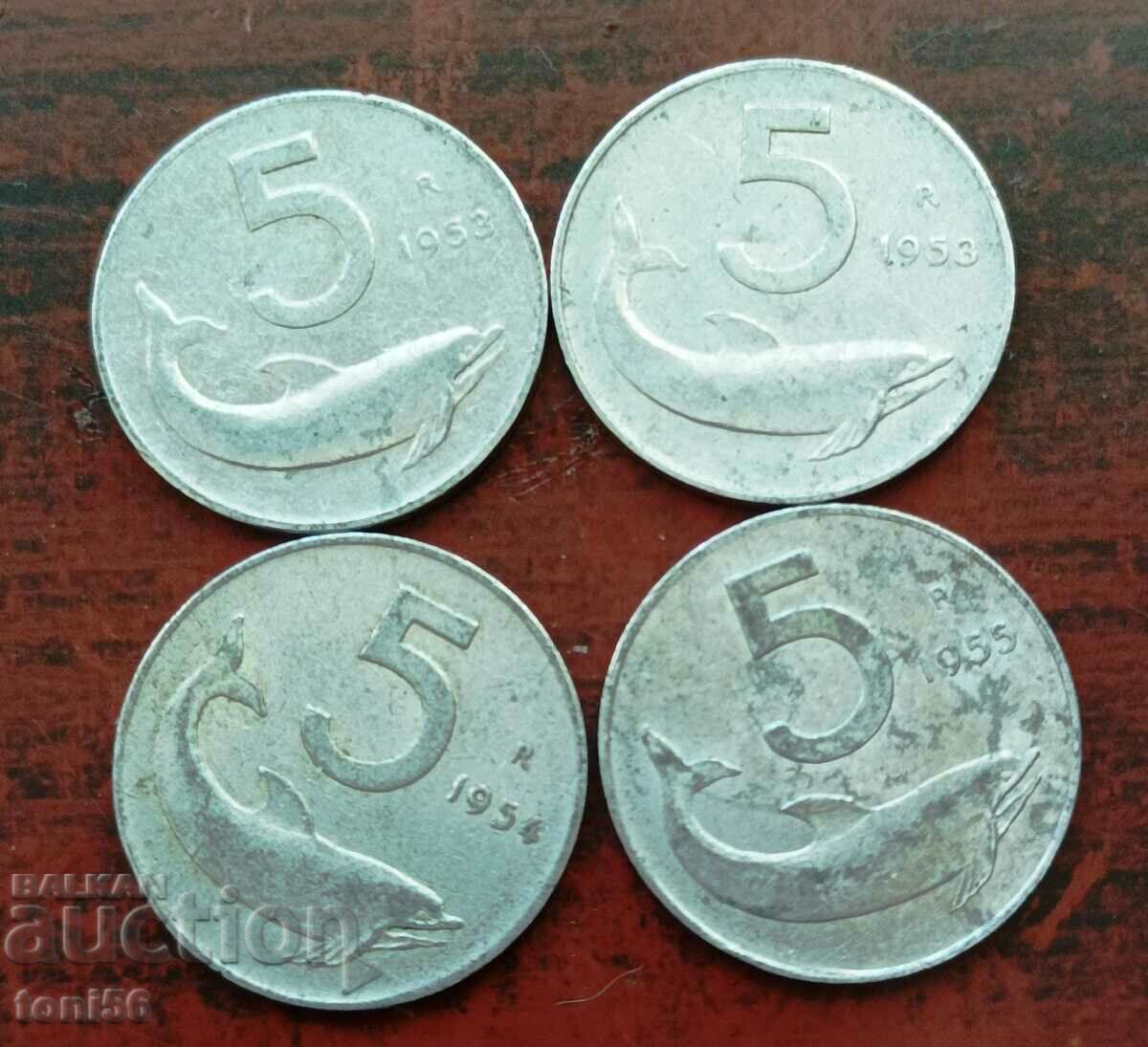 Italia 4 x 5 Lire 1952, 53, 54, 55