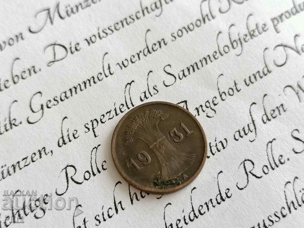 Reich Coin - Germany - 1 Pfennig | 1931; Series A with price 3.65 BGN | € 1.87 Reich Coin - Germany - 1 Pfennig | 1931; Series A with price 3.65 BGN | € 1.87