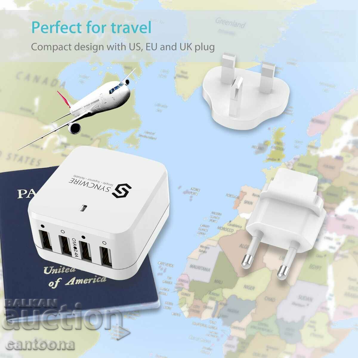 Syncwire Travel Charger 34W/6.8A 4hUSB charger, EU/US/UK with price 23.99 BGN | € 12.27