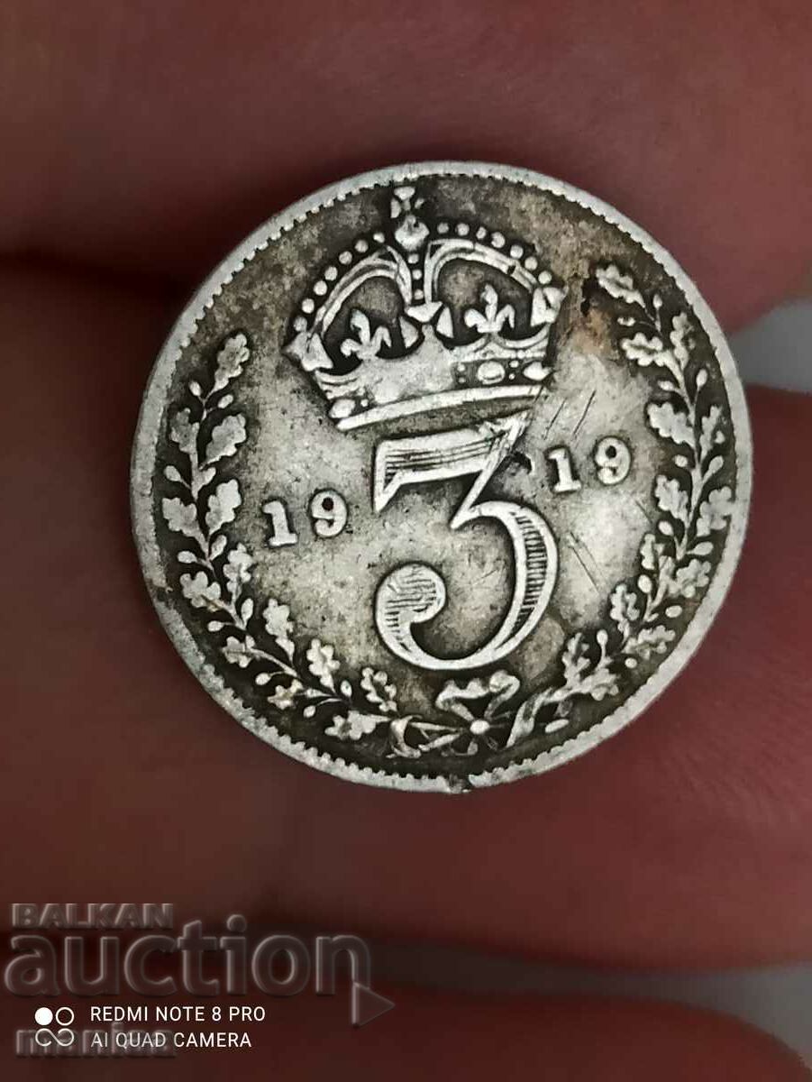 3 пенса 1919 г сребро Великобритания