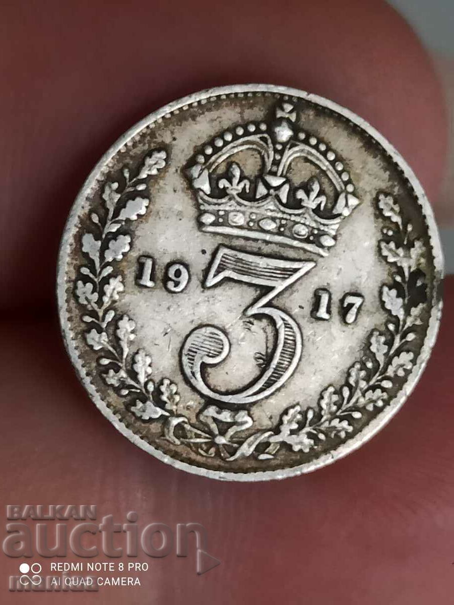 3 пенса 1917 г сребро Великобритания