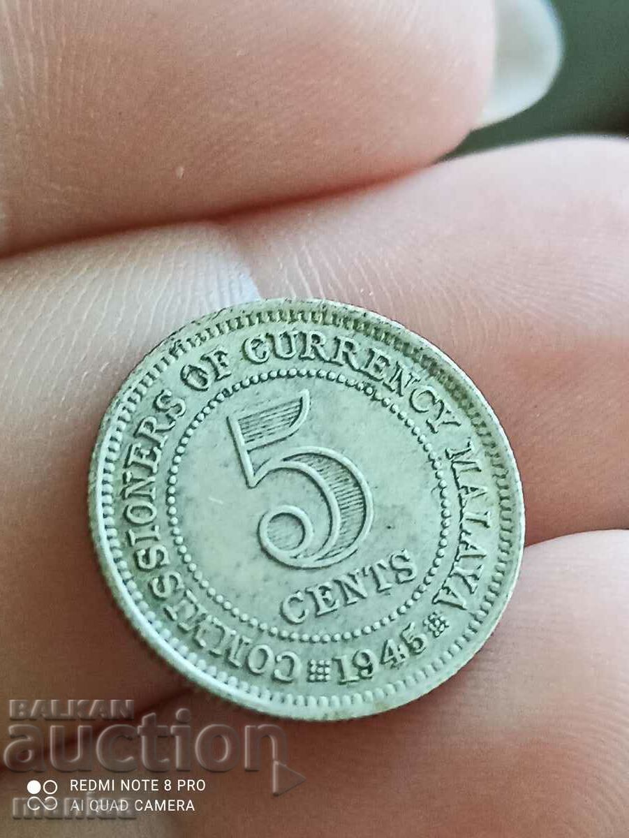 5 Cents 1945 Silver Malaya George 6 - 5 5 Cents 1945 Silver Malaya George 6 - 5