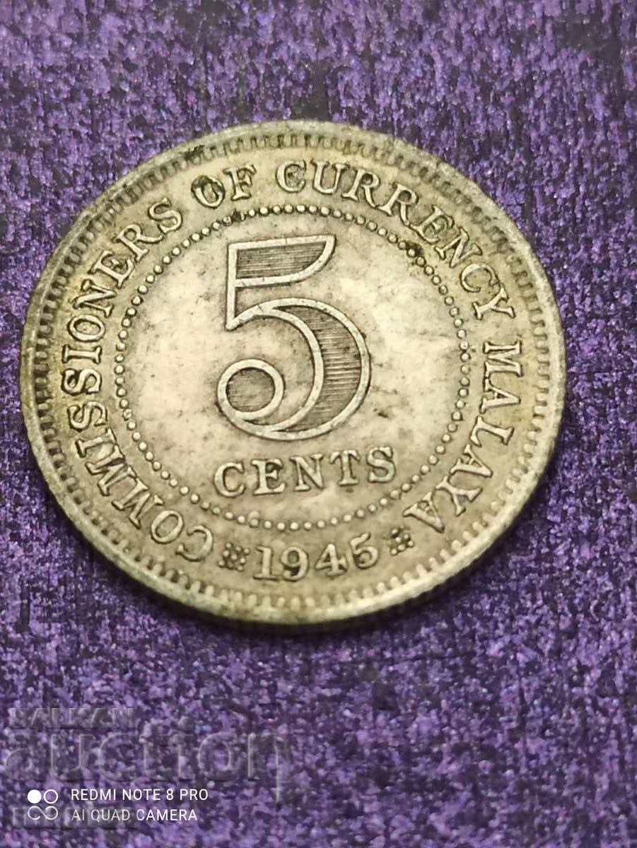 5 Cents 1945 Silver Malaya George 6