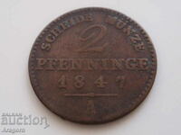 monedă Prusia 2 pfennig 1847; Prusia