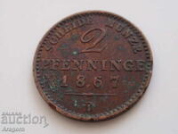 monedă Prusia 2 pfennig 1867; Prusia