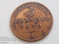 monedă Prusia 3 pfennig 1870; Prusia