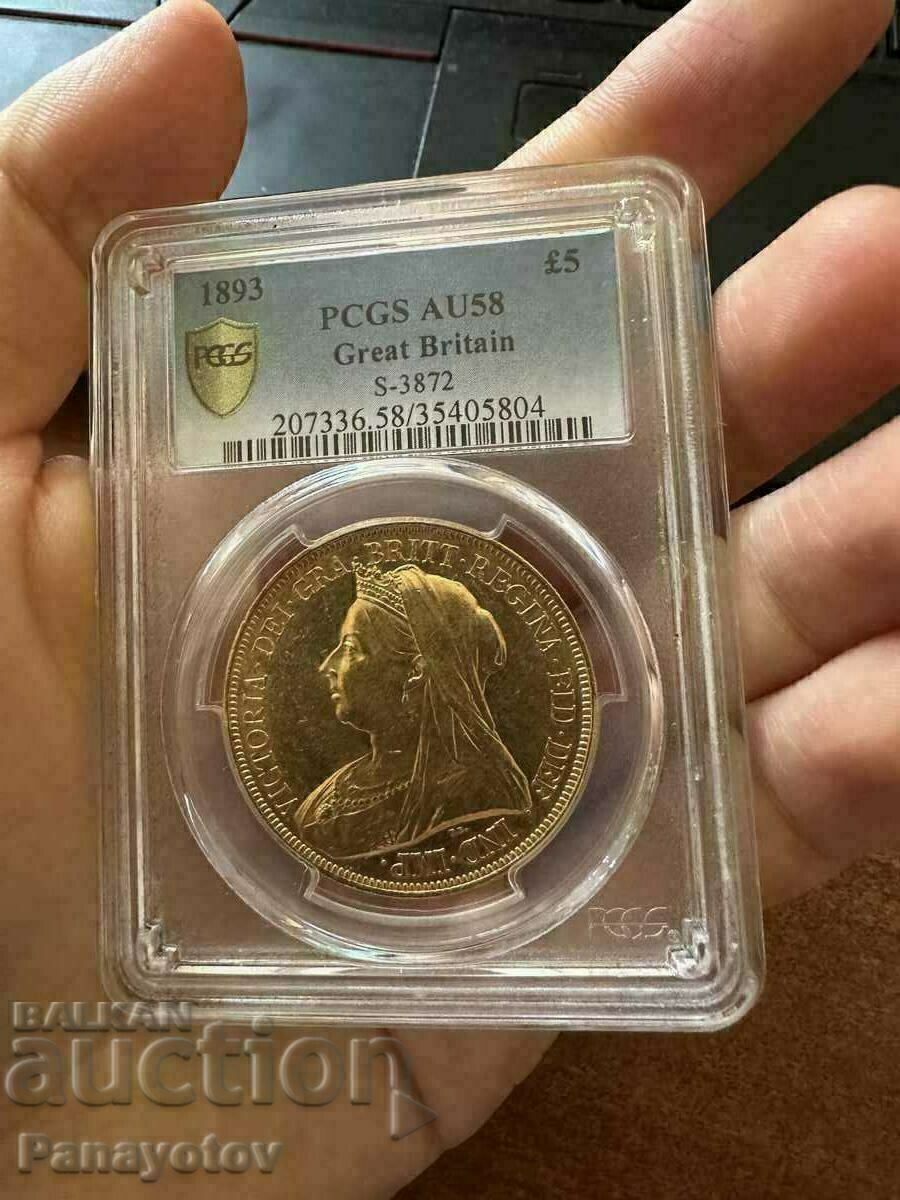 Livrarea Victoria 5 lire sterline suverane aur 1893 ANGLIA PCGSau 58
