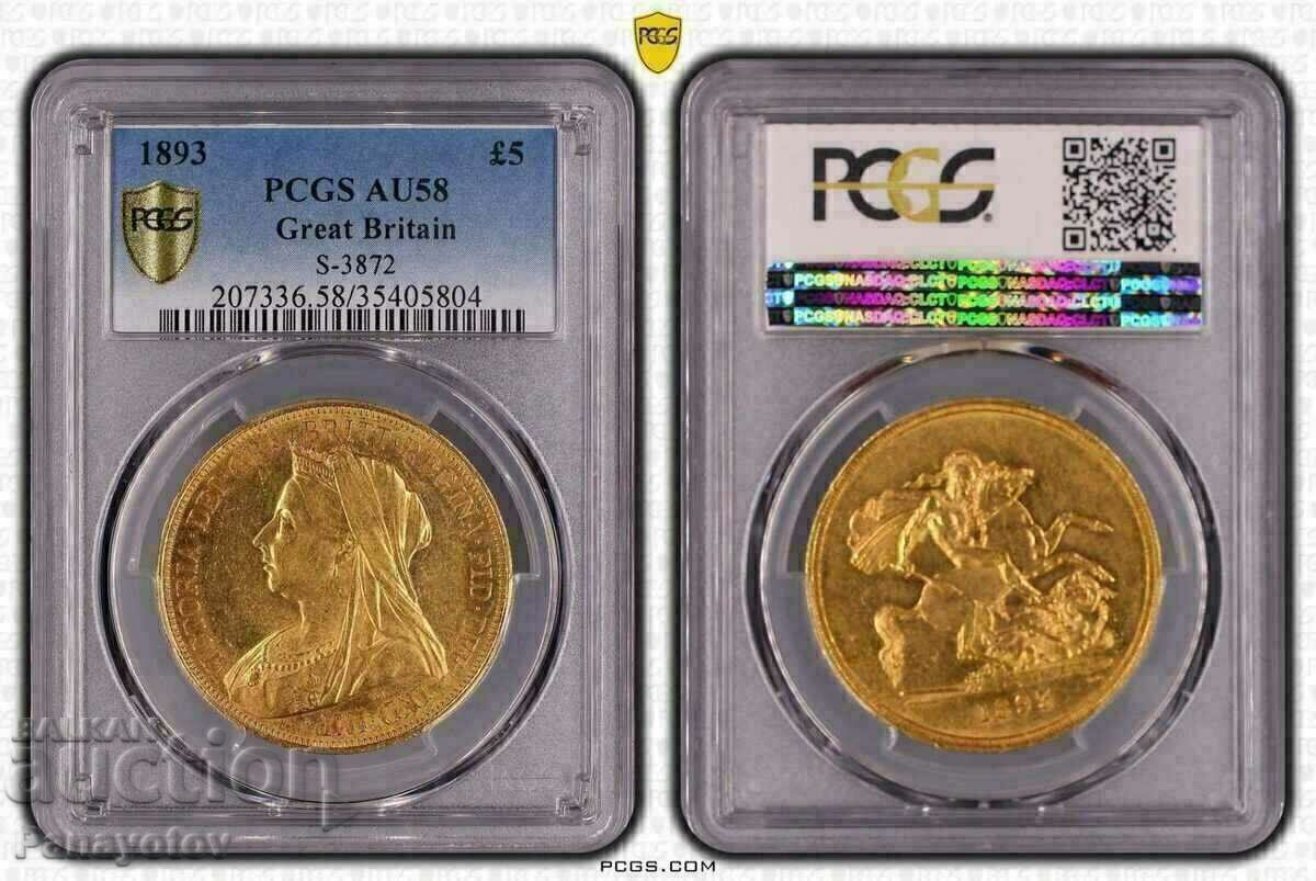 Victoria 5 lire sterline suverane aur 1893 ANGLIA PCGSau 58